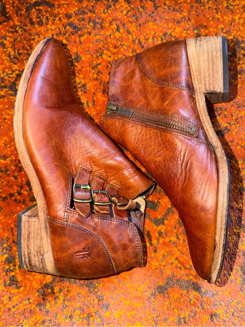 Frye Women’s Brown Leather Ankle Boots with Side Buckles